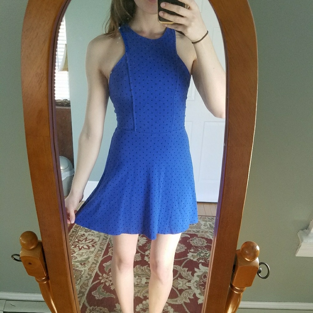 Cobalt blue skater dress with black polka dots